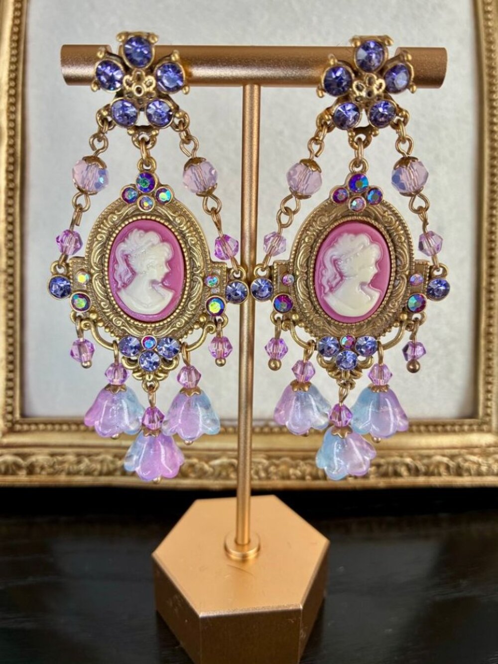 Vintage Victorian Style Pink Cameo Chandelier Earrings Purple Crystal Flower Dro